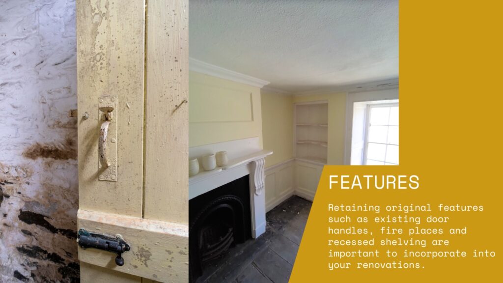 Features of a listed building: door handle, fireplace, and recessed shelving.